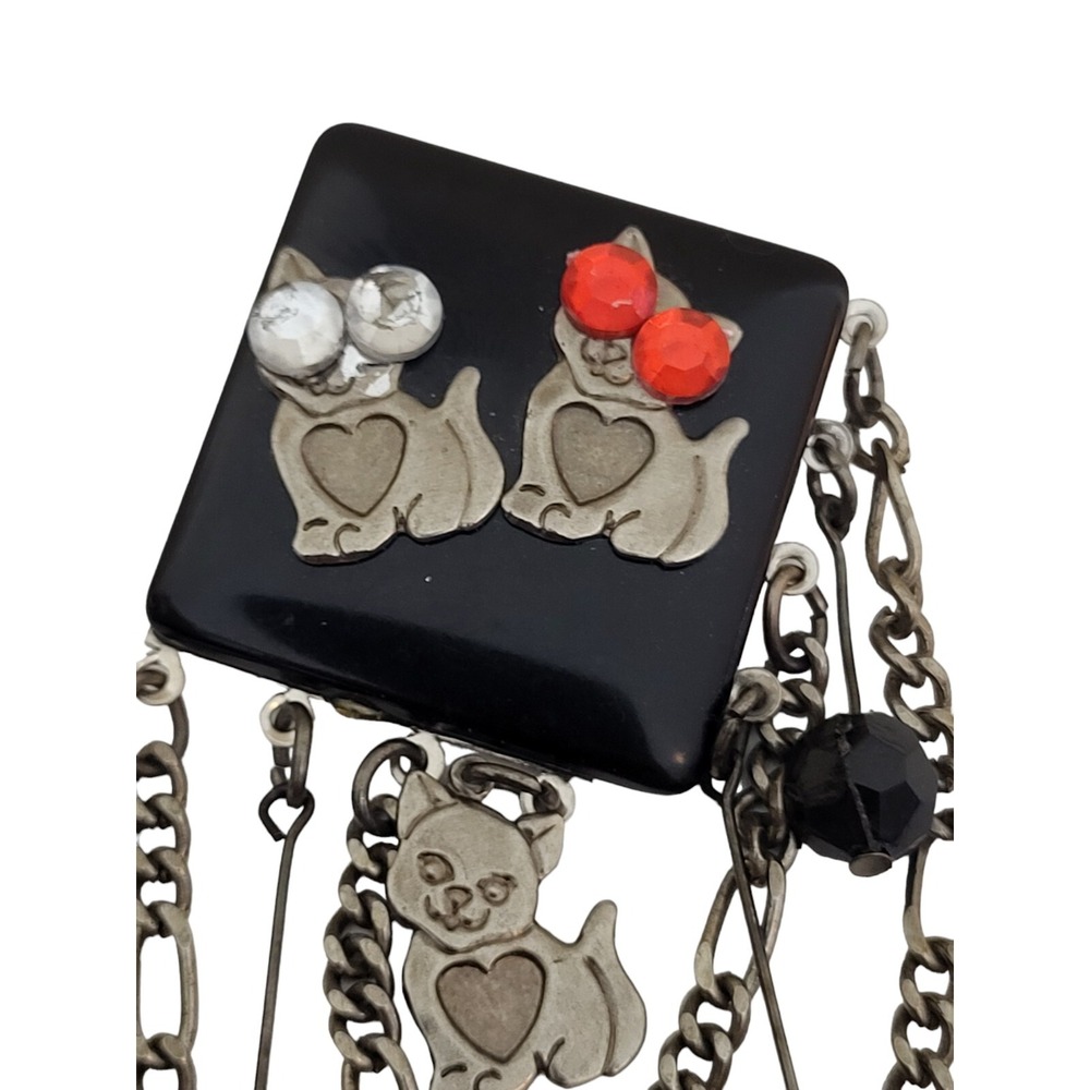 Vintage Art Deco Style Cats Dangle Brooch Pin Rhinestone Cat Eyes Chain Beaded